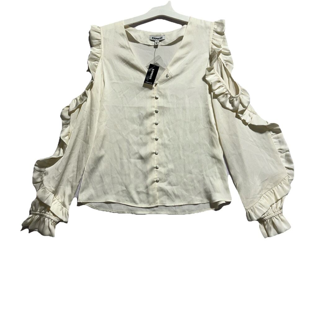 Express-Women’s White Blouse Top Bell Sleeve Layered Ruffles Open Shoulder - XS